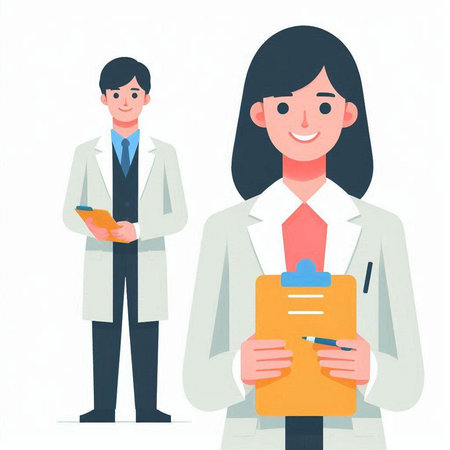 Female doctor and male nurse standing with clipboard and pen. Vector illustration.のイラスト素材