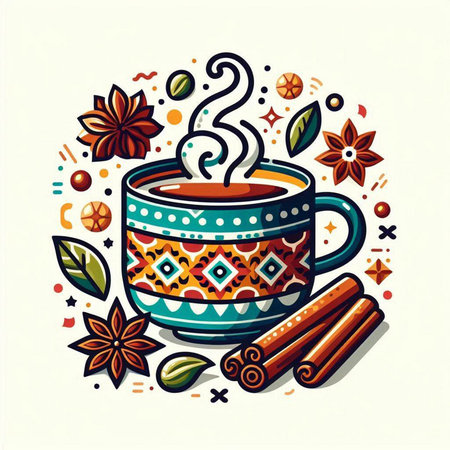 Cup of hot drink with cinnamon, star anise and leaves. Vector illustration.のイラスト素材