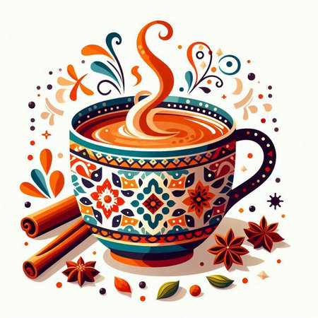 Cup of coffee with floral ornament and cinnamon. Vector illustration.のイラスト素材