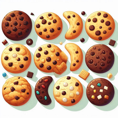 Chocolate chip cookies with chocolate chips and candies. Vector illustration.のイラスト素材