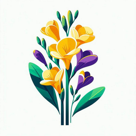 Illustration of yellow and purple freesia flowers on white backgroundのイラスト素材