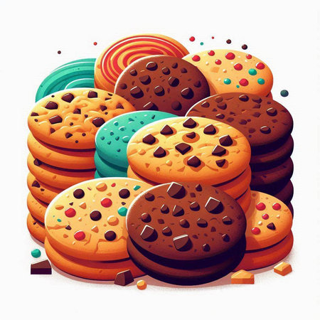 Vector illustration of a pile of chocolate chip cookies on a white backgroundのイラスト素材