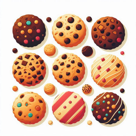 Chocolate cookies set. Vector illustration. Chocolate chip cookies with sprinklesのイラスト素材