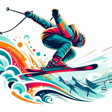 Vector illustration of skier jumping on snowboard in the mountains.のイラスト素材