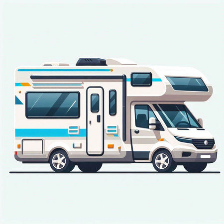 Camper car on the road. Vector illustration in flat style.のイラスト素材