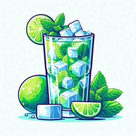 Mojito cocktail with lime, mint and ice. Vector illustration.のイラスト素材