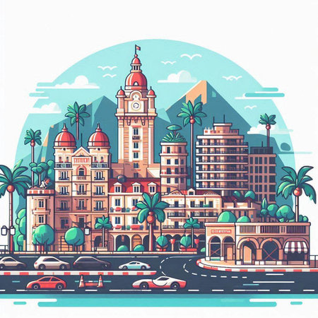 Cityscape with buildings and palm trees. Vector illustration in flat styleのイラスト素材