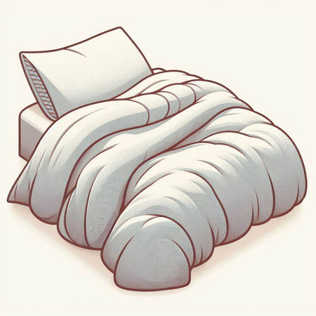 Illustration of a bed with pillows and a croissantのイラスト素材