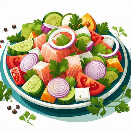 Salad with salmon, tomato, cucumber, onion, pepper, parsley and mayonnaiseのイラスト素材