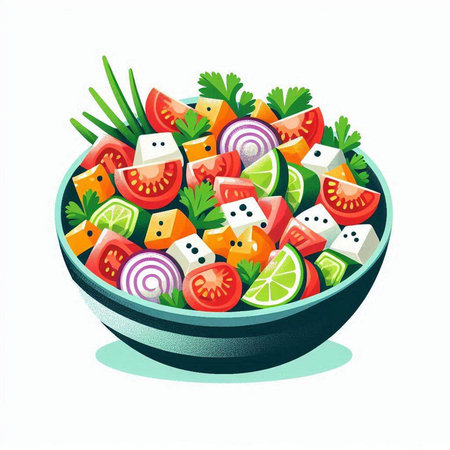 Fresh vegetable salad in a bowl isolated on white background. Vector illustration.のイラスト素材