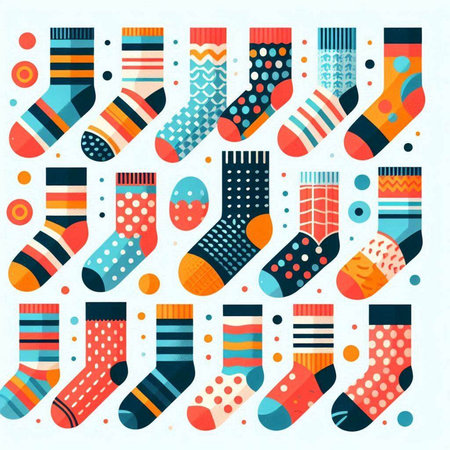 Set of colorful socks with different patterns. Vector illustration in flat style.のイラスト素材