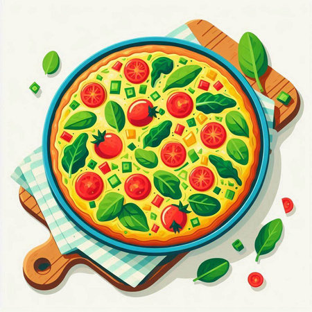 Pizza with basil, tomatoes and cheese. Vector illustration in flat style.のイラスト素材