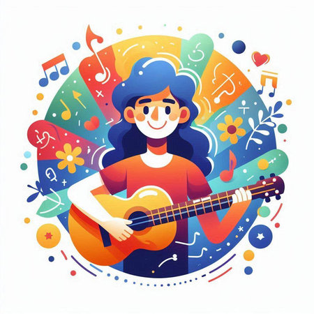 Vector illustration of a young woman playing the guitar in a circle.のイラスト素材