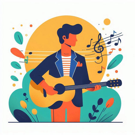 Vector illustration of a young man playing guitar on a colorful background.のイラスト素材