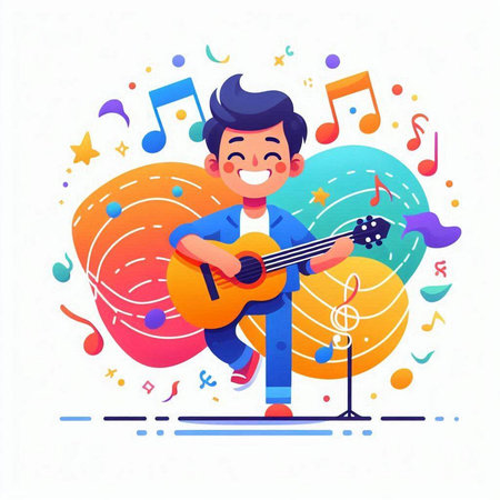 Happy boy playing guitar and singing. Vector illustration in cartoon style.のイラスト素材