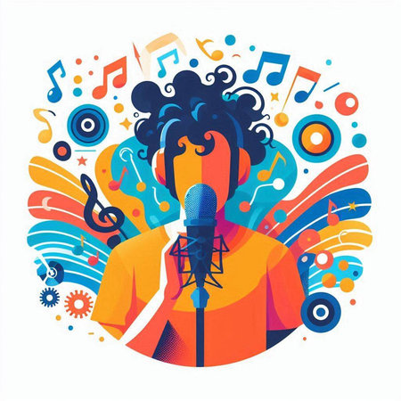 Vector illustration of a man with a microphone and musical notes in the form of a circle.のイラスト素材