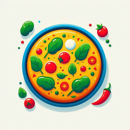 Illustration of pizza with tomato, spinach and pepper on white backgroundのイラスト素材
