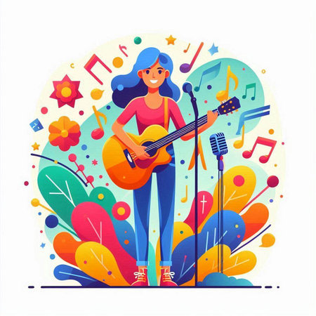 Vector illustration of a girl with a guitar on a background of colorful flowers.のイラスト素材