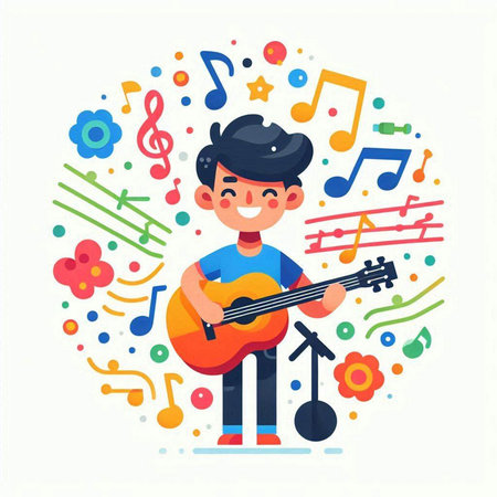 Boy playing guitar and singing. Vector illustration in flat cartoon style.のイラスト素材