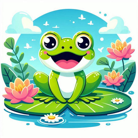 Cute cartoon frog sitting on the water lily. Vector illustrationのイラスト素材