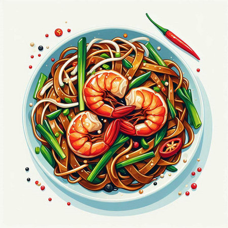 Illustration of asian noodle with prawns and vegetablesのイラスト素材