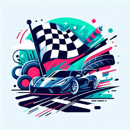 Race car, vector illustration in retro style. Sport car with checkered flag.のイラスト素材