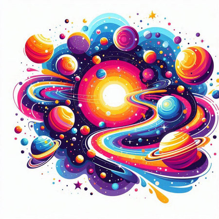 Colorful space background with planets, stars and stars. Vector illustration.のイラスト素材
