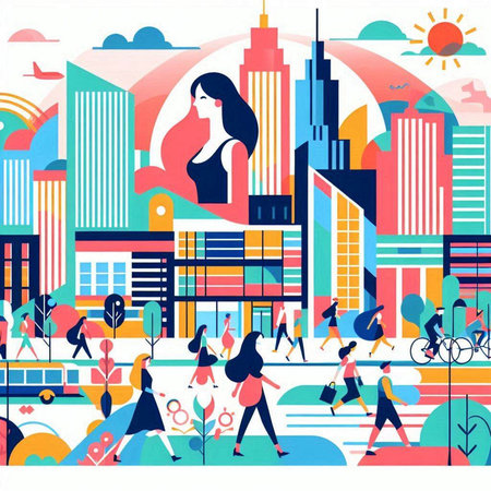 Vector illustration of people walking in the city. Flat style design.のイラスト素材
