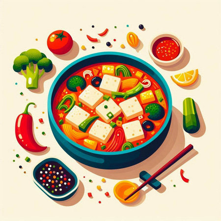 Vegetable soup in a bowl with tofu and vegetables. Vector illustration.のイラスト素材