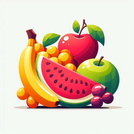 Fruits vector illustration. Apple, banana, watermelon, orange, pearのイラスト素材