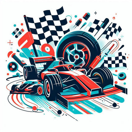 Vector illustration of a racing car on a background of checkered flagsのイラスト素材