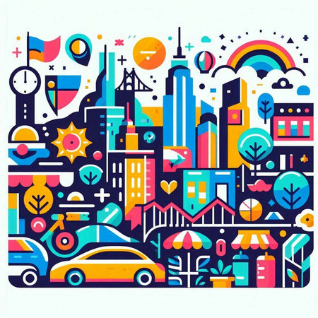 Vector illustration of cityscape with buildings, cars, houses, trees.のイラスト素材