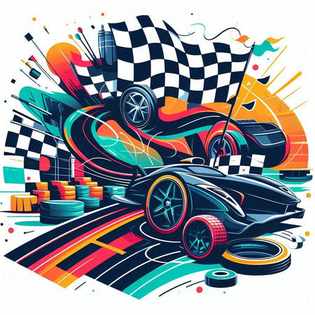 Sport car on race track with checkered flag, vector illustrationのイラスト素材
