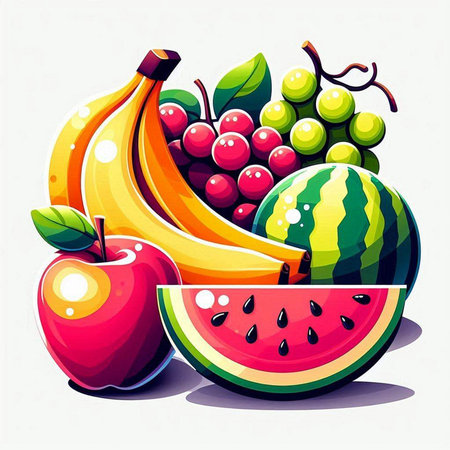 Fruits vector illustration. Banana, apple, grape, watermelonのイラスト素材