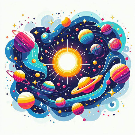 Space background with planets, stars and sun. Vector illustration for your designのイラスト素材