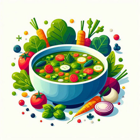 Vegetable soup in bowl with fresh vegetables and herbs. Vector illustration.のイラスト素材