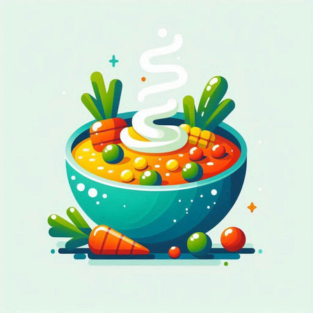 Vegetable soup in a bowl. Vector illustration of a cartoon style.のイラスト素材