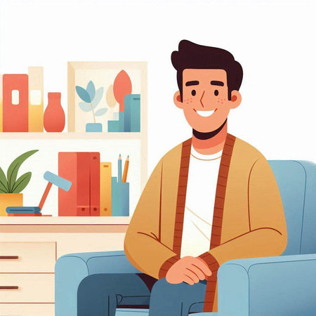 Young man sitting on sofa in living room. Flat vector illustration.のイラスト素材