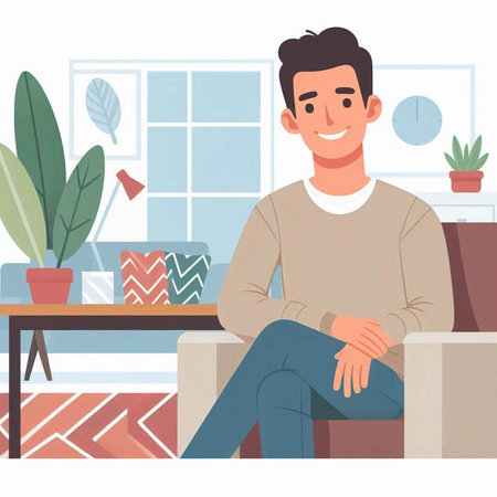 Young man sitting on the couch in the living room. Vector illustration.のイラスト素材
