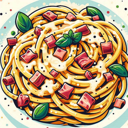 Illustration of Spaghetti Pasta with Tomato Sauce and Basil Leavesのイラスト素材