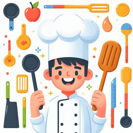 Chef boy with kitchen utensils. Vector illustration in cartoon styleのイラスト素材