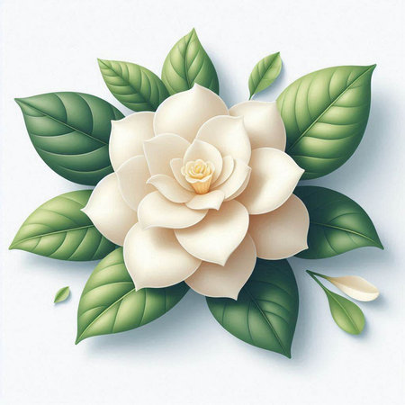 Camellia flower with leaves on white background. Vector illustration.のイラスト素材
