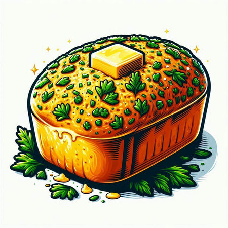 Illustration of bread with butter and green leaves on a white backgroundのイラスト素材