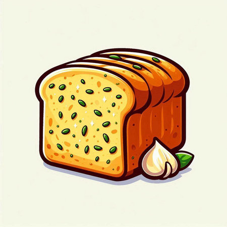 Illustration of a slice of bread with garlic on white background.のイラスト素材