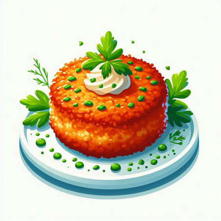 Illustration of a fish cake with parsley and mayonnaiseのイラスト素材