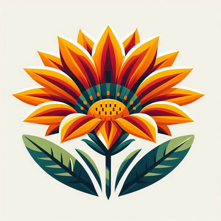 Vector illustration of a sunflower with leaves in a flat style.のイラスト素材