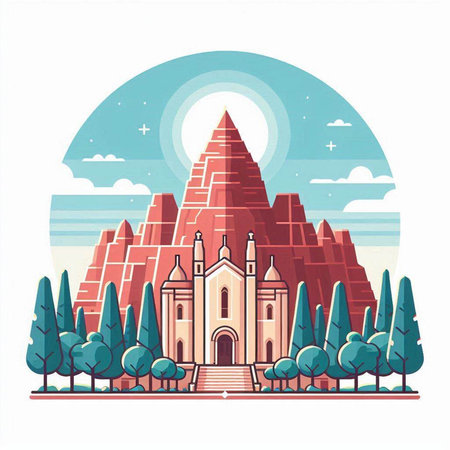 Buddhist temple in the mountains. Vector illustration in flat styleのイラスト素材