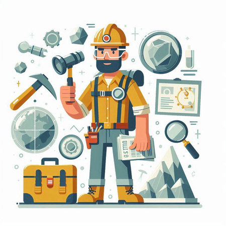 Miner with tools. Flat vector illustration isolated on white background.のイラスト素材