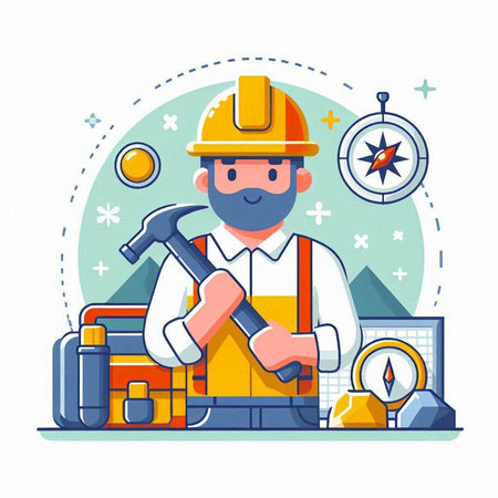 Builder with hammer and tools. Vector illustration in flat style on white background.のイラスト素材