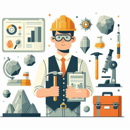 Engineer cartoon character with tools. Vector illustration in flat style.のイラスト素材